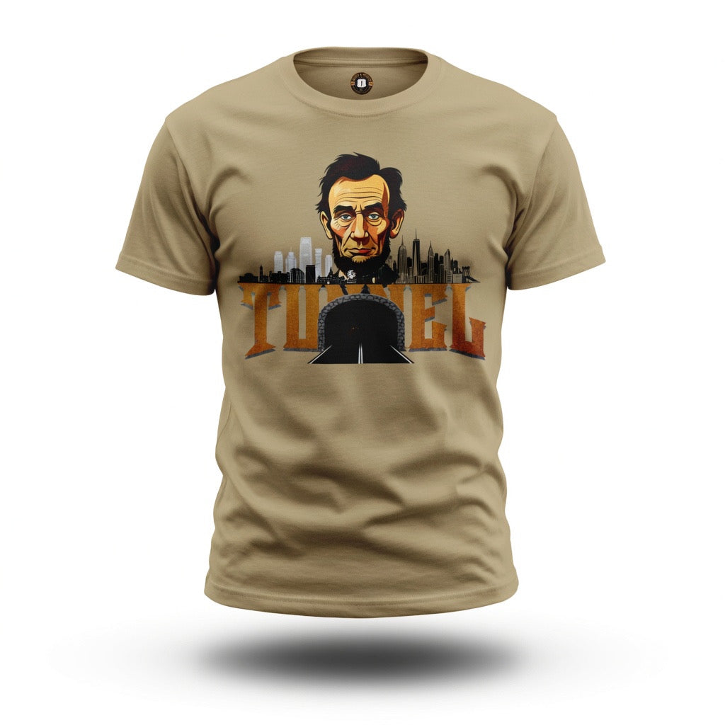 Lincoln Tunnel Graphic T-Shirt — NYC Skyline, Abe Lincoln Illustration